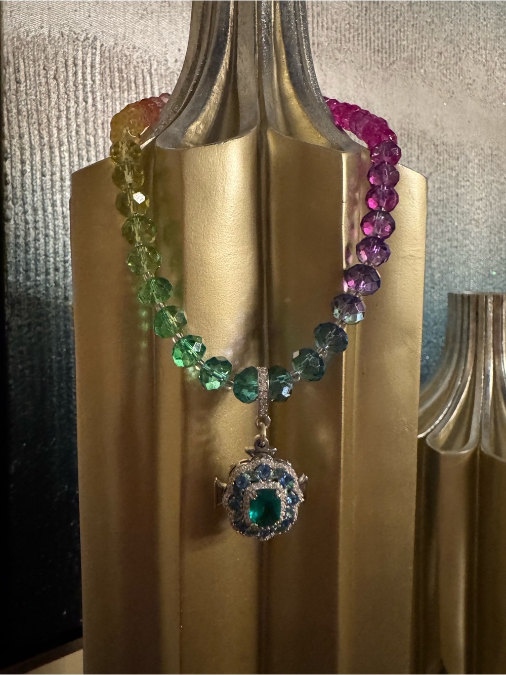 Rockstar in Rome Multicolor Crystal Bead Necklace with Green Gem Pendant